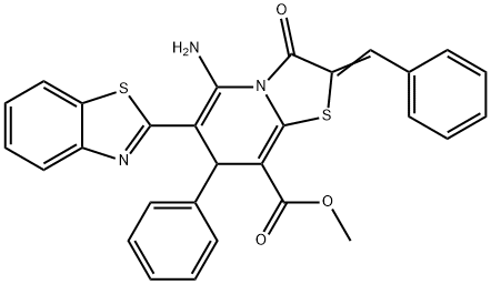 methyl 5-amino-6-(1,3-benzothiazol-2-yl)-2-benzylidene-3-oxo-7-phenyl-2,3-dihydro-7H-[1,3]thiazolo[3,2-a]pyridine-8-carboxylate 化学構造式