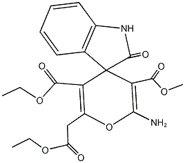 5'-ethyl 3'-methyl 2'-amino-6'-(2-ethoxy-2-oxoethyl)-1,3-dihydro-2-oxospiro[2H-indole-3,4'-(4'H)-pyran]-3',5'-dicarboxylate Structure