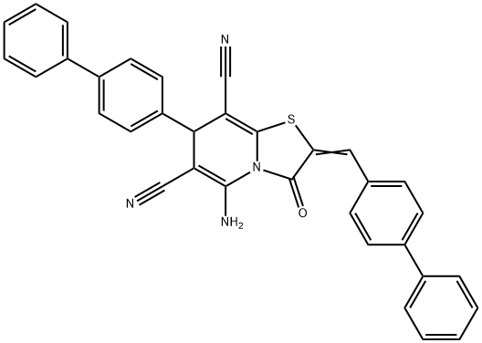 5-amino-7-[1,1'-biphenyl]-4-yl-2-([1,1'-biphenyl]-4-ylmethylene)-3-oxo-2,3-dihydro-7H-[1,3]thiazolo[3,2-a]pyridine-6,8-dicarbonitrile 化学構造式