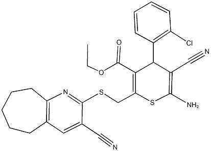 ethyl 6-amino-4-(2-chlorophenyl)-5-cyano-2-{[(3-cyano-6,7,8,9-tetrahydro-5H-cyclohepta[b]pyridin-2-yl)sulfanyl]methyl}-4H-thiopyran-3-carboxylate Structure