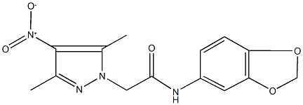 N-(1,3-benzodioxol-5-yl)-2-{4-nitro-3,5-dimethyl-1H-pyrazol-1-yl}acetamide 化学構造式