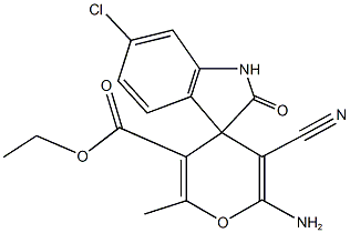 6-amino-6'-chloro-5-cyano-1',3'-dihydro-3-ethoxycarbonyl-2-methyl-2'-oxospiro[4H-pyran-4,3'-(2'H)-indole] 结构式