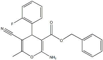 benzyl 2-amino-5-cyano-4-(2-fluorophenyl)-6-methyl-4H-pyran-3-carboxylate Struktur