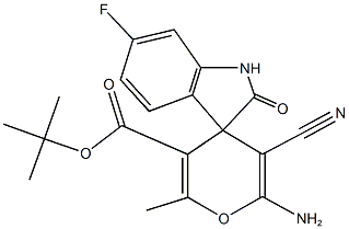 6-amino-6'-fluoro-5-cyano-1',3'-dihydro-3-(tert-butoxycarbonyl)-2-methyl-2'-oxospiro[4H-pyran-4,3'-(2'H)-indole] Struktur