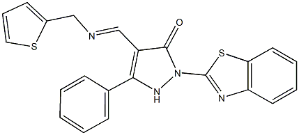 2-(1,3-benzothiazol-2-yl)-5-phenyl-4-{[(2-thienylmethyl)imino]methyl}-1,2-dihydro-3H-pyrazol-3-one Struktur