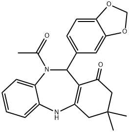 10-acetyl-11-(1,3-benzodioxol-5-yl)-3,3-dimethyl-2,3,4,5,10,11-hexahydro-1H-dibenzo[b,e][1,4]diazepin-1-one Structure