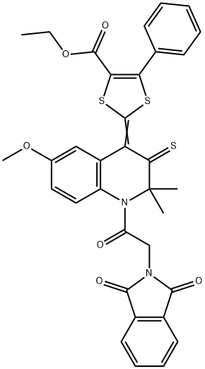 ethyl 2-(1-[(1,3-dioxo-1,3-dihydro-2H-isoindol-2-yl)acetyl]-6-methoxy-2,2-dimethyl-3-thioxo-2,3-dihydro-4(1H)-quinolinylidene)-5-phenyl-1,3-dithiole-4-carboxylate 化学構造式