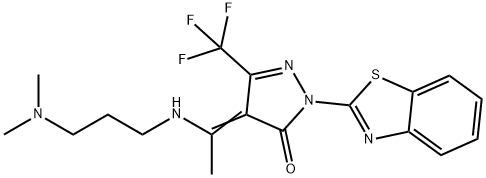 2-(1,3-benzothiazol-2-yl)-4-(1-{[3-(dimethylamino)propyl]amino}ethylidene)-5-(trifluoromethyl)-2,4-dihydro-3H-pyrazol-3-one Structure