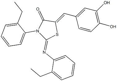 5-(3,4-dihydroxybenzylidene)-3-(2-ethylphenyl)-2-[(2-ethylphenyl)imino]-1,3-thiazolidin-4-one 结构式