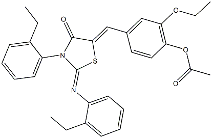 2-ethoxy-4-({3-(2-ethylphenyl)-2-[(2-ethylphenyl)imino]-4-oxo-1,3-thiazolidin-5-ylidene}methyl)phenyl acetate 结构式