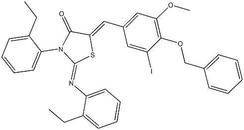 5-[4-(benzyloxy)-3-iodo-5-methoxybenzylidene]-3-(2-ethylphenyl)-2-[(2-ethylphenyl)imino]-1,3-thiazolidin-4-one 化学構造式
