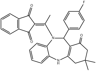 2-{1-[11-(4-fluorophenyl)-3,3-dimethyl-1-oxo-1,2,3,4,5,11-hexahydro-10H-dibenzo[b,e][1,4]diazepin-10-yl]ethylidene}-1H-indene-1,3(2H)-dione 结构式