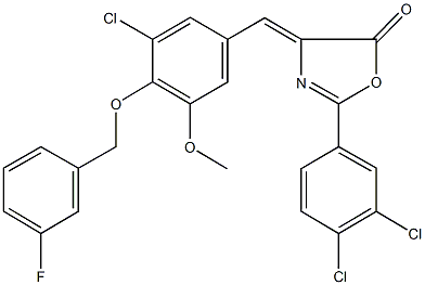 4-{3-chloro-4-[(3-fluorobenzyl)oxy]-5-methoxybenzylidene}-2-(3,4-dichlorophenyl)-1,3-oxazol-5(4H)-one 化学構造式