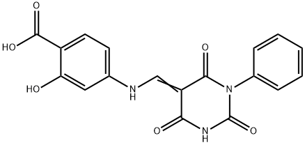 2-hydroxy-4-{[(2,4,6-trioxo-1-phenyltetrahydro-5(2H)-pyrimidinylidene)methyl]amino}benzoic acid Structure