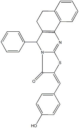 10-(4-hydroxybenzylidene)-7-phenyl-5,7-dihydro-6H-benzo[h][1,3]thiazolo[2,3-b]quinazolin-9(10H)-one Struktur