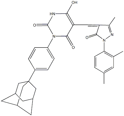 3-[4-(1-adamantyl)phenyl]-5-{[1-(2,4-dimethylphenyl)-3-methyl-5-oxo-1,5-dihydro-4H-pyrazol-4-ylidene]methyl}-6-hydroxy-2,4(1H,3H)-pyrimidinedione Struktur