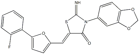 3-(1,3-benzodioxol-5-yl)-5-{[5-(2-fluorophenyl)-2-furyl]methylene}-2-imino-1,3-thiazolidin-4-one Struktur