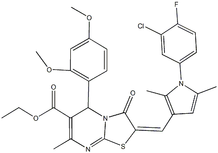 ethyl 2-{[1-(3-chloro-4-fluorophenyl)-2,5-dimethyl-1H-pyrrol-3-yl]methylene}-5-(2,4-dimethoxyphenyl)-7-methyl-3-oxo-2,3-dihydro-5H-[1,3]thiazolo[3,2-a]pyrimidine-6-carboxylate 化学構造式