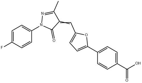 4-(5-{[1-(4-fluorophenyl)-3-methyl-5-oxo-1,5-dihydro-4H-pyrazol-4-ylidene]methyl}-2-furyl)benzoic acid Struktur