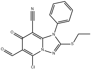 5-chloro-2-(ethylsulfanyl)-6-formyl-7-oxo-1-phenyl-1,7-dihydro[1,2,4]triazolo[1,5-a]pyridine-8-carbonitrile Struktur