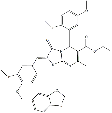 ethyl 2-[4-(1,3-benzodioxol-5-ylmethoxy)-3-methoxybenzylidene]-5-(2,5-dimethoxyphenyl)-7-methyl-3-oxo-2,3-dihydro-5H-[1,3]thiazolo[3,2-a]pyrimidine-6-carboxylate 结构式