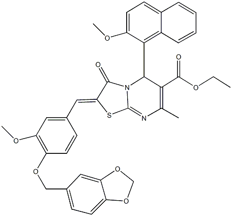 ethyl 2-[4-(1,3-benzodioxol-5-ylmethoxy)-3-methoxybenzylidene]-5-(2-methoxy-1-naphthyl)-7-methyl-3-oxo-2,3-dihydro-5H-[1,3]thiazolo[3,2-a]pyrimidine-6-carboxylate 结构式