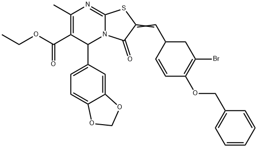 ethyl 5-(1,3-benzodioxol-5-yl)-2-{[4-(benzyloxy)-5-bromo-2,4-cyclohexadien-1-yl]methylene}-7-methyl-3-oxo-2,3-dihydro-5H-[1,3]thiazolo[3,2-a]pyrimidine-6-carboxylate 化学構造式