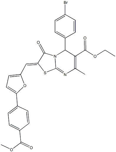 ethyl 5-(4-bromophenyl)-2-({5-[4-(methoxycarbonyl)phenyl]-2-furyl}methylene)-7-methyl-3-oxo-2,3-dihydro-5H-[1,3]thiazolo[3,2-a]pyrimidine-6-carboxylate,353508-74-4,结构式