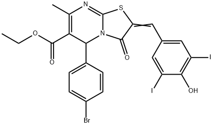 ethyl 5-(4-bromophenyl)-2-(4-hydroxy-3,5-diiodobenzylidene)-7-methyl-3-oxo-2,3-dihydro-5H-[1,3]thiazolo[3,2-a]pyrimidine-6-carboxylate Structure