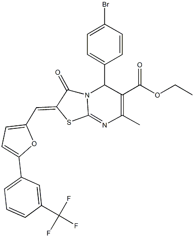 ethyl 5-(4-bromophenyl)-7-methyl-3-oxo-2-({5-[3-(trifluoromethyl)phenyl]-2-furyl}methylene)-2,3-dihydro-5H-[1,3]thiazolo[3,2-a]pyrimidine-6-carboxylate Struktur