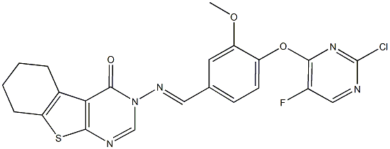 3-({4-[(2-chloro-5-fluoro-4-pyrimidinyl)oxy]-3-methoxybenzylidene}amino)-5,6,7,8-tetrahydro[1]benzothieno[2,3-d]pyrimidin-4(3H)-one,353509-07-6,结构式