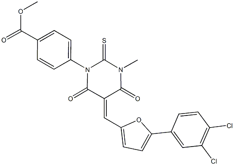 methyl 4-(5-{[5-(3,4-dichlorophenyl)-2-furyl]methylene}-3-methyl-4,6-dioxo-2-thioxotetrahydro-1(2H)-pyrimidinyl)benzoate 化学構造式