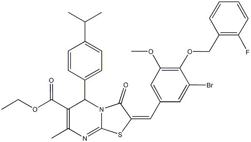 ethyl 2-{3-bromo-4-[(2-fluorobenzyl)oxy]-5-methoxybenzylidene}-5-(4-isopropylphenyl)-7-methyl-3-oxo-2,3-dihydro-5H-[1,3]thiazolo[3,2-a]pyrimidine-6-carboxylate Struktur