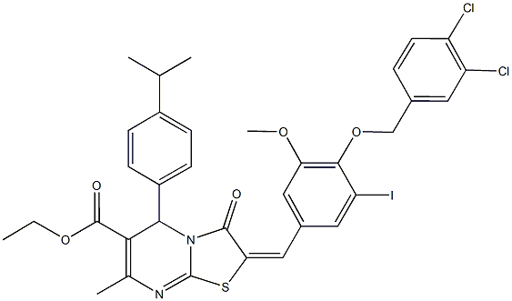 ethyl 2-{4-[(3,4-dichlorobenzyl)oxy]-3-iodo-5-methoxybenzylidene}-5-(4-isopropylphenyl)-7-methyl-3-oxo-2,3-dihydro-5H-[1,3]thiazolo[3,2-a]pyrimidine-6-carboxylate Structure