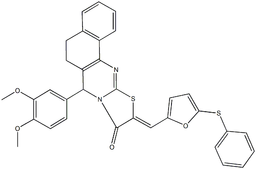 7-(3,4-dimethoxyphenyl)-10-{[5-(phenylsulfanyl)-2-furyl]methylene}-5,7-dihydro-6H-benzo[h][1,3]thiazolo[2,3-b]quinazolin-9(10H)-one,353509-89-4,结构式