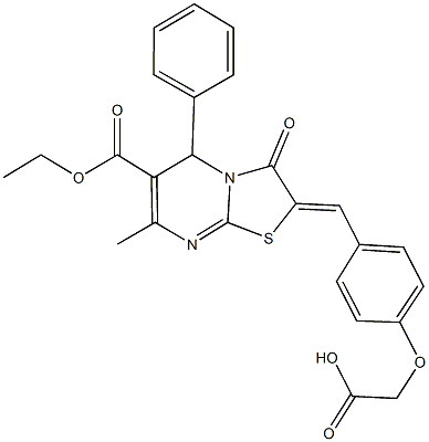 {4-[(6-(ethoxycarbonyl)-7-methyl-3-oxo-5-phenyl-5H-[1,3]thiazolo[3,2-a]pyrimidin-2(3H)-ylidene)methyl]phenoxy}acetic acid 化学構造式