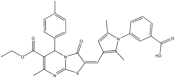 3-{3-[(6-(ethoxycarbonyl)-7-methyl-5-(4-methylphenyl)-3-oxo-5H-[1,3]thiazolo[3,2-a]pyrimidin-2(3H)-ylidene)methyl]-2,5-dimethyl-1H-pyrrol-1-yl}benzoic acid 化学構造式