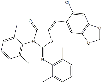 5-[(6-chloro-1,3-benzodioxol-5-yl)methylene]-3-(2,6-dimethylphenyl)-2-[(2,6-dimethylphenyl)imino]-1,3-thiazolidin-4-one 化学構造式