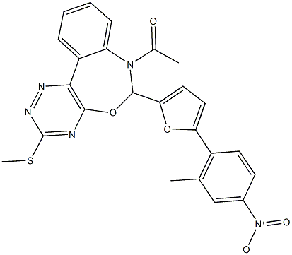 7-acetyl-6-(5-{4-nitro-2-methylphenyl}-2-furyl)-3-(methylsulfanyl)-6,7-dihydro[1,2,4]triazino[5,6-d][3,1]benzoxazepine 化学構造式