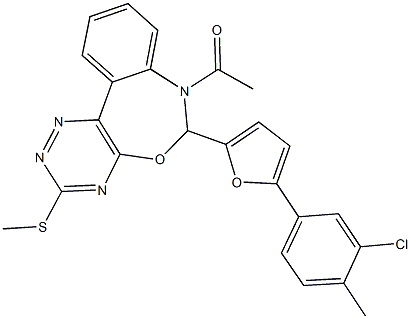 7-acetyl-6-[5-(3-chloro-4-methylphenyl)-2-furyl]-3-(methylsulfanyl)-6,7-dihydro[1,2,4]triazino[5,6-d][3,1]benzoxazepine Struktur