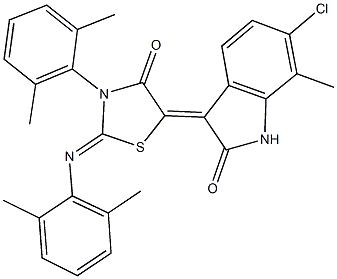 6-chloro-3-{3-(2,6-dimethylphenyl)-2-[(2,6-dimethylphenyl)imino]-4-oxo-1,3-thiazolidin-5-ylidene}-7-methyl-1,3-dihydro-2H-indol-2-one Structure