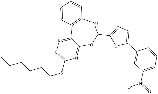 3-(hexylsulfanyl)-6-(5-{3-nitrophenyl}-2-furyl)-6,7-dihydro[1,2,4]triazino[5,6-d][3,1]benzoxazepine Structure