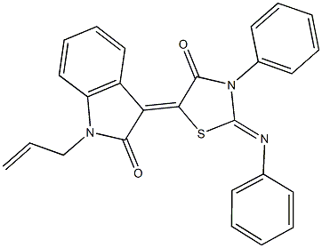 1-allyl-3-[4-oxo-3-phenyl-2-(phenylimino)-1,3-thiazolidin-5-ylidene]-1,3-dihydro-2H-indol-2-one 化学構造式