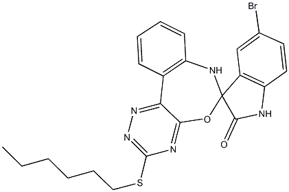 5-bromo-3'-(hexylsulfanyl)-1,3,6',7'-tetrahydrospiro(2H-indole-3,6'-[1,2,4]triazino[5,6-d][3,1]benzoxazepine)-2-one 结构式