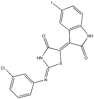 3-{2-[(3-chlorophenyl)imino]-4-oxo-1,3-thiazolidin-5-ylidene}-5-iodo-1,3-dihydro-2H-indol-2-one 化学構造式