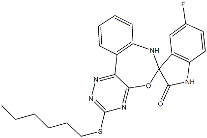 5-fluoro-3'-(hexylsulfanyl)-1,3,6',7'-tetrahydrospiro(2H-indole-3,6'-[1,2,4]triazino[5,6-d][3,1]benzoxazepine)-2-one Structure