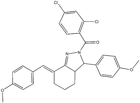 2-(2,4-dichlorobenzoyl)-7-(4-methoxybenzylidene)-3-(4-methoxyphenyl)-3,3a,4,5,6,7-hexahydro-2H-indazole Struktur