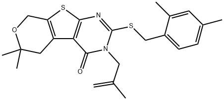 2-[(2,4-dimethylbenzyl)sulfanyl]-6,6-dimethyl-3-(2-methyl-2-propenyl)-3,5,6,8-tetrahydro-4H-pyrano[4',3':4,5]thieno[2,3-d]pyrimidin-4-one,353762-79-5,结构式