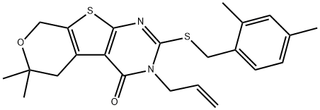 3-allyl-2-[(2,4-dimethylbenzyl)sulfanyl]-6,6-dimethyl-3,5,6,8-tetrahydro-4H-pyrano[4',3':4,5]thieno[2,3-d]pyrimidin-4-one Struktur