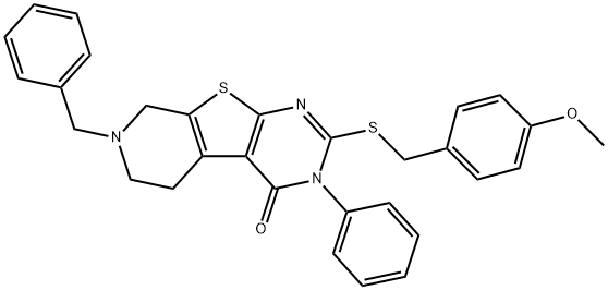 7-benzyl-2-[(4-methoxybenzyl)sulfanyl]-3-phenyl-5,6,7,8-tetrahydropyrido[4',3':4,5]thieno[2,3-d]pyrimidin-4(3H)-one Struktur
